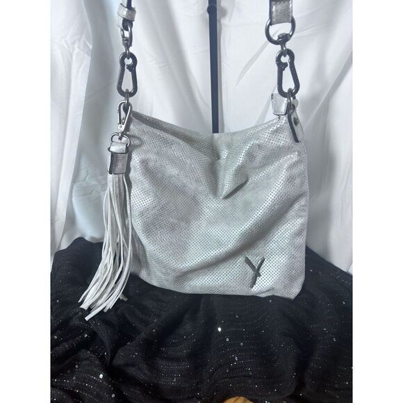 Suri Frey Crossbody Shoulder Hobo‎ Bag Purse Silver Vegan Tassel EUC - Picture 1 of 13